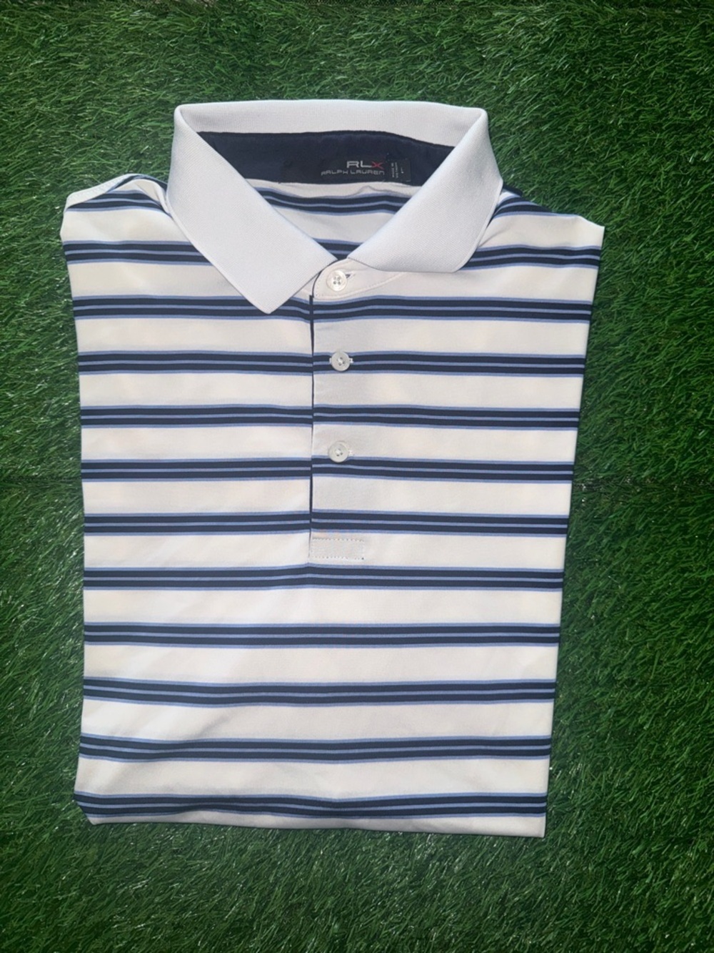 RLX Ralph Lauren White and Navy Striped Polo Shirt